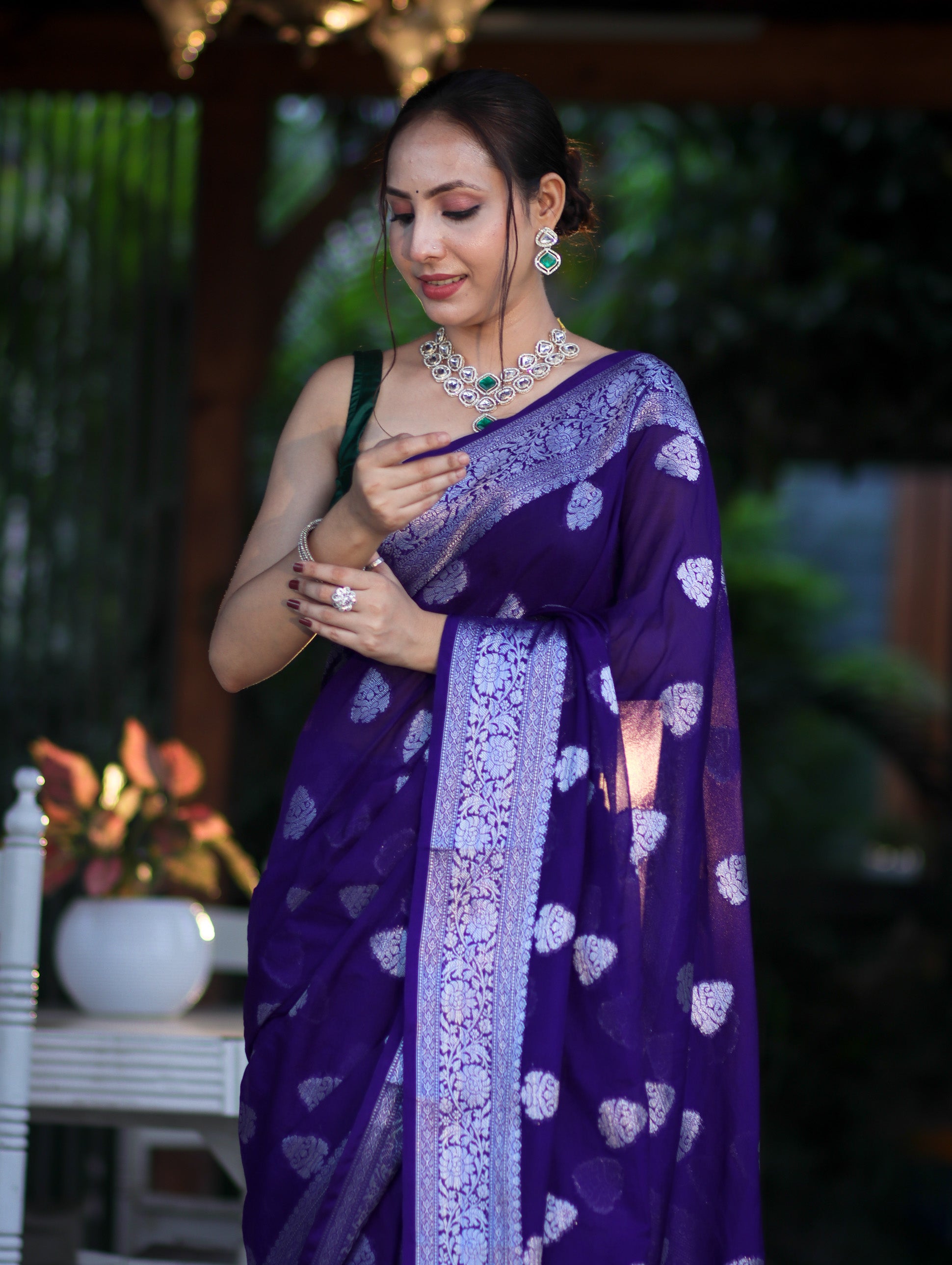 Banarasee Semi Chiffon Saree With Silver Zari Work & Contrast Blouse-Violet