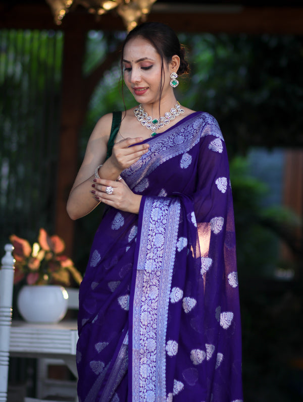 Banarasee Semi Chiffon Saree With Silver Zari Work & Contrast Blouse-Violet