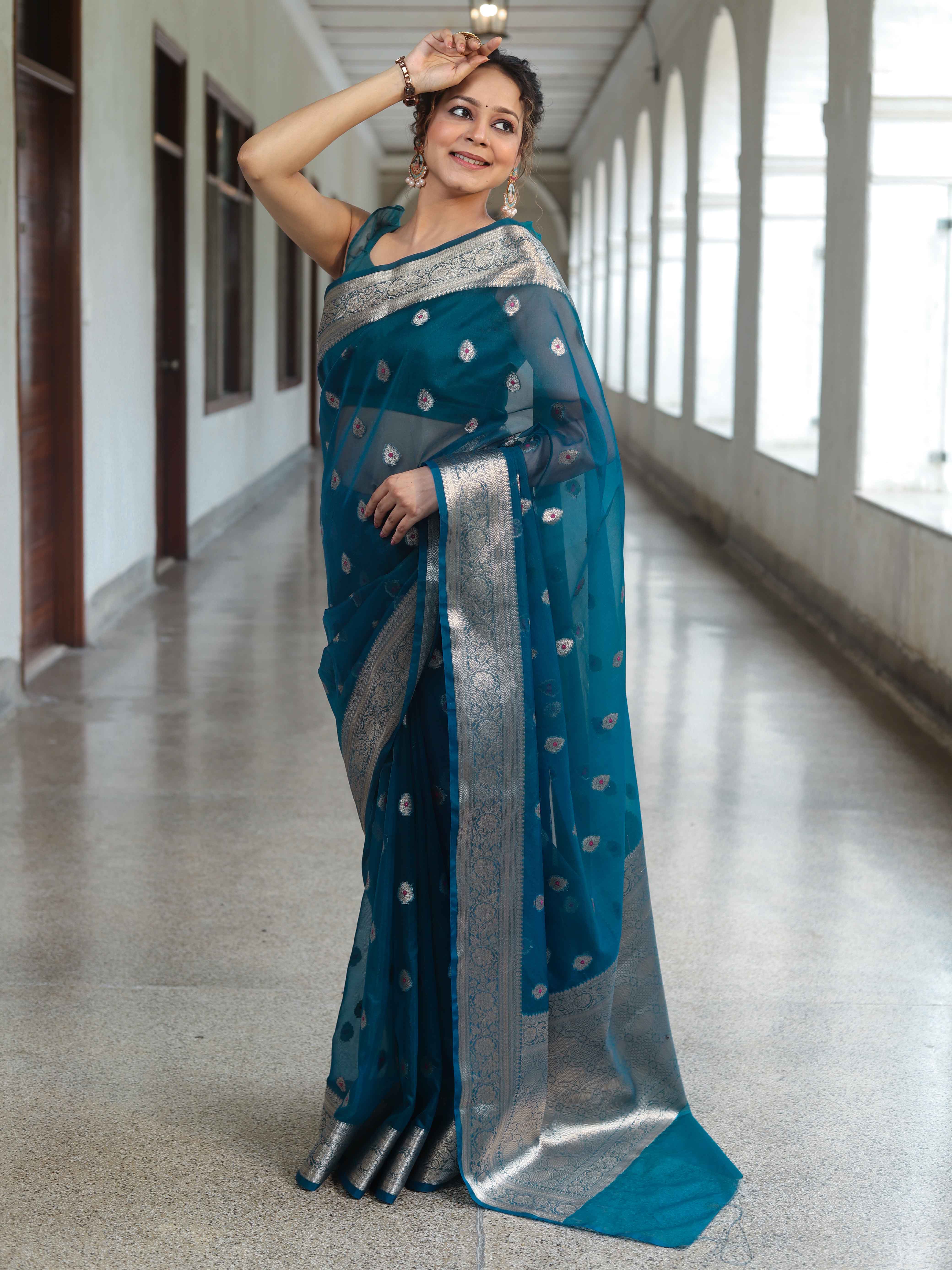 Banarasee Organza Mix Saree With Zari Buta Design & Floral Border-Cobalt Blue