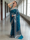 Banarasee Organza Mix Saree With Zari Buta Design & Floral Border-Cobalt Blue