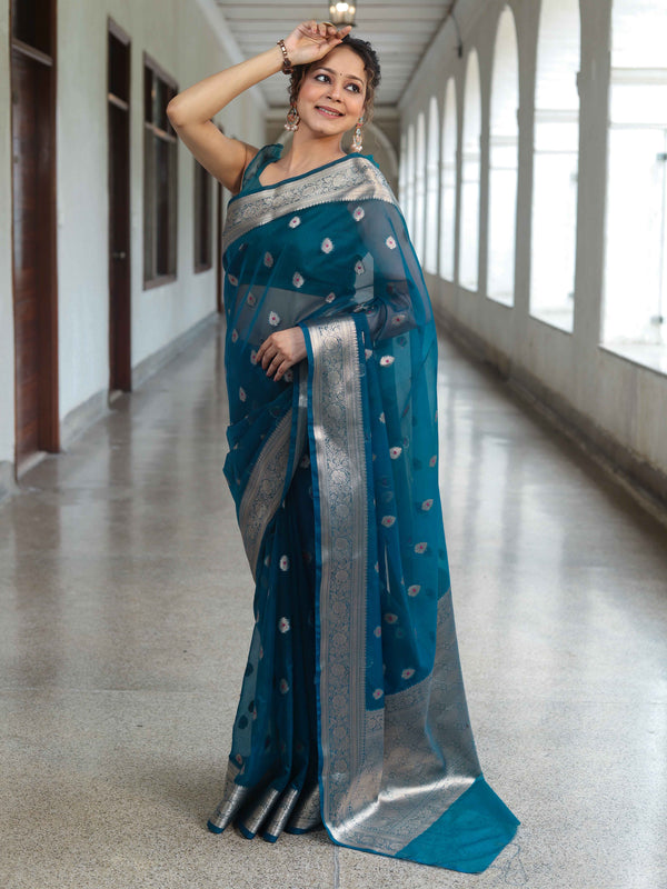 Banarasee Organza Mix Saree With Zari Buta Design & Floral Border-Cobalt Blue
