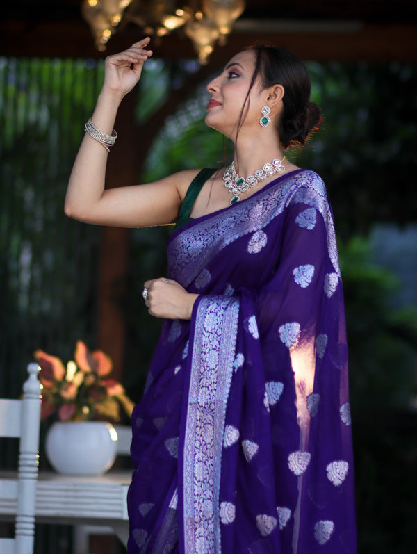 Banarasee Semi Chiffon Saree With Silver Zari Work & Contrast Blouse-Violet