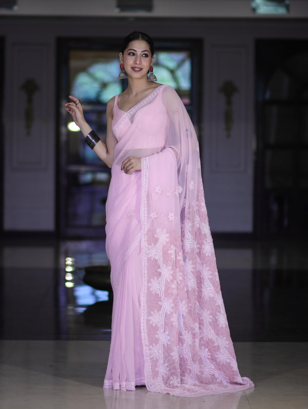 Banarasee Handwoven Georgette Saree With Chikankari Work-Light Pink