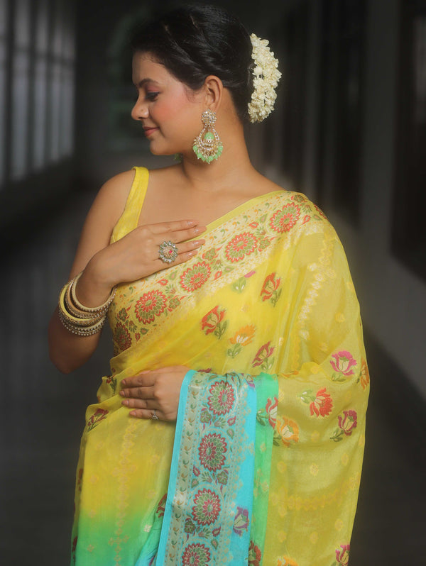 Banarasee Pure Chiffon Saree With Resham Zari Work-Yellow & Blue