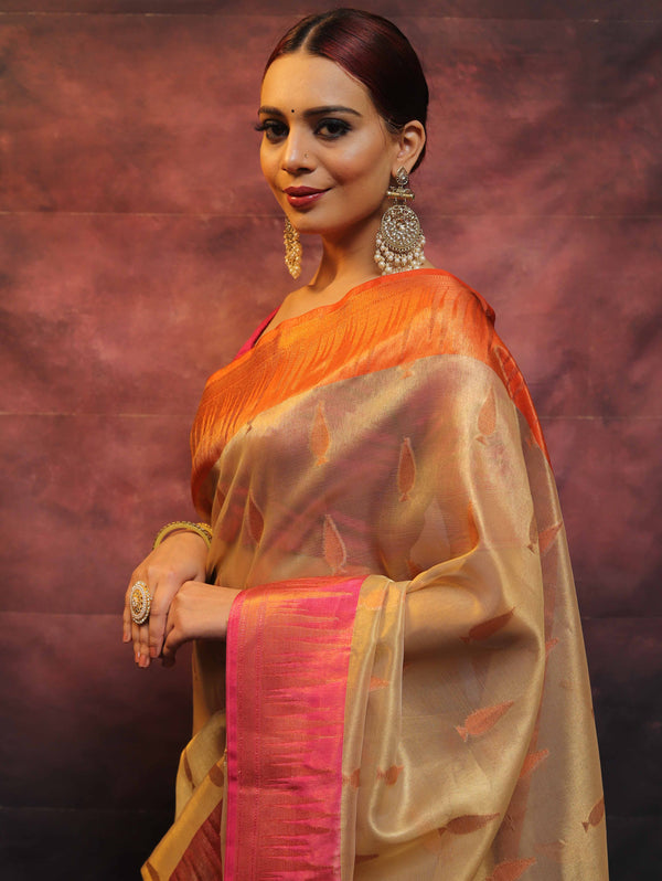 Banarasee Handwoven Broad Contrast Border Tissue Saree-Gold