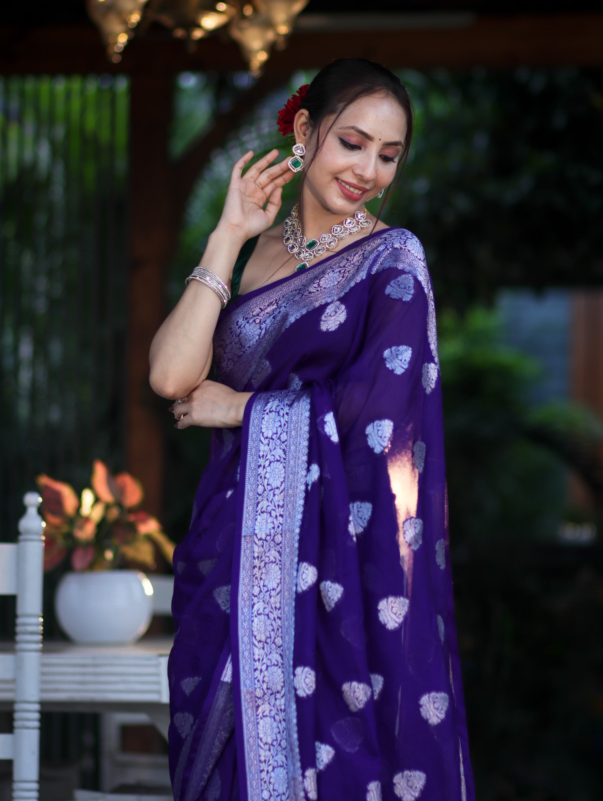 Banarasee Semi Chiffon Saree With Silver Zari Work & Contrast Blouse-Violet