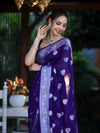 Banarasee Semi Chiffon Saree With Silver Zari Work & Contrast Blouse-Violet