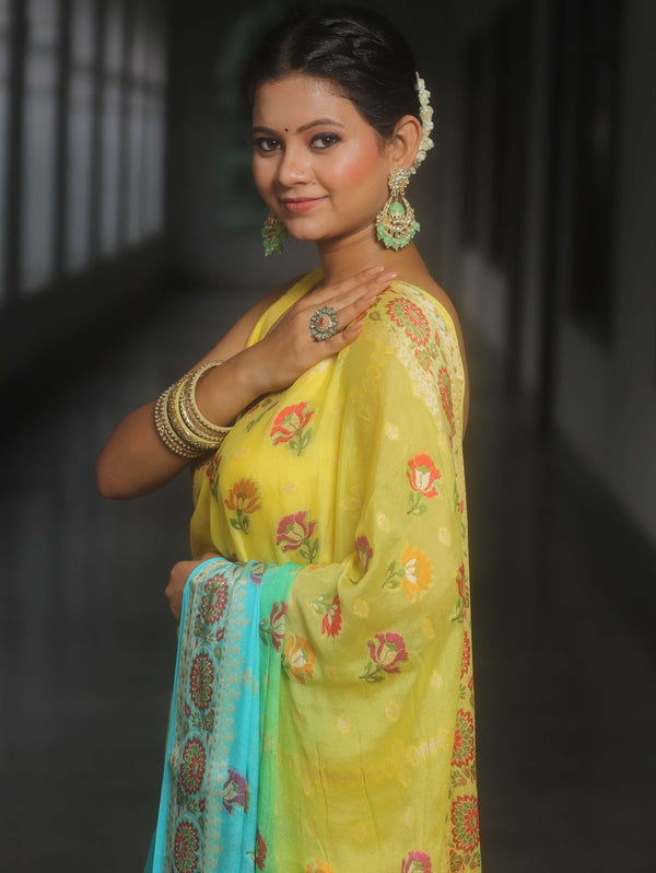 Banarasee Pure Chiffon Saree With Resham Zari Work-Yellow & Blue
