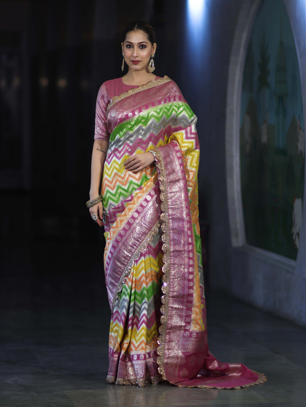 Banarasee Handwoven Faux Georgette Saree With Zigzag Pattern Zari Design Border & Lace-Multicolor