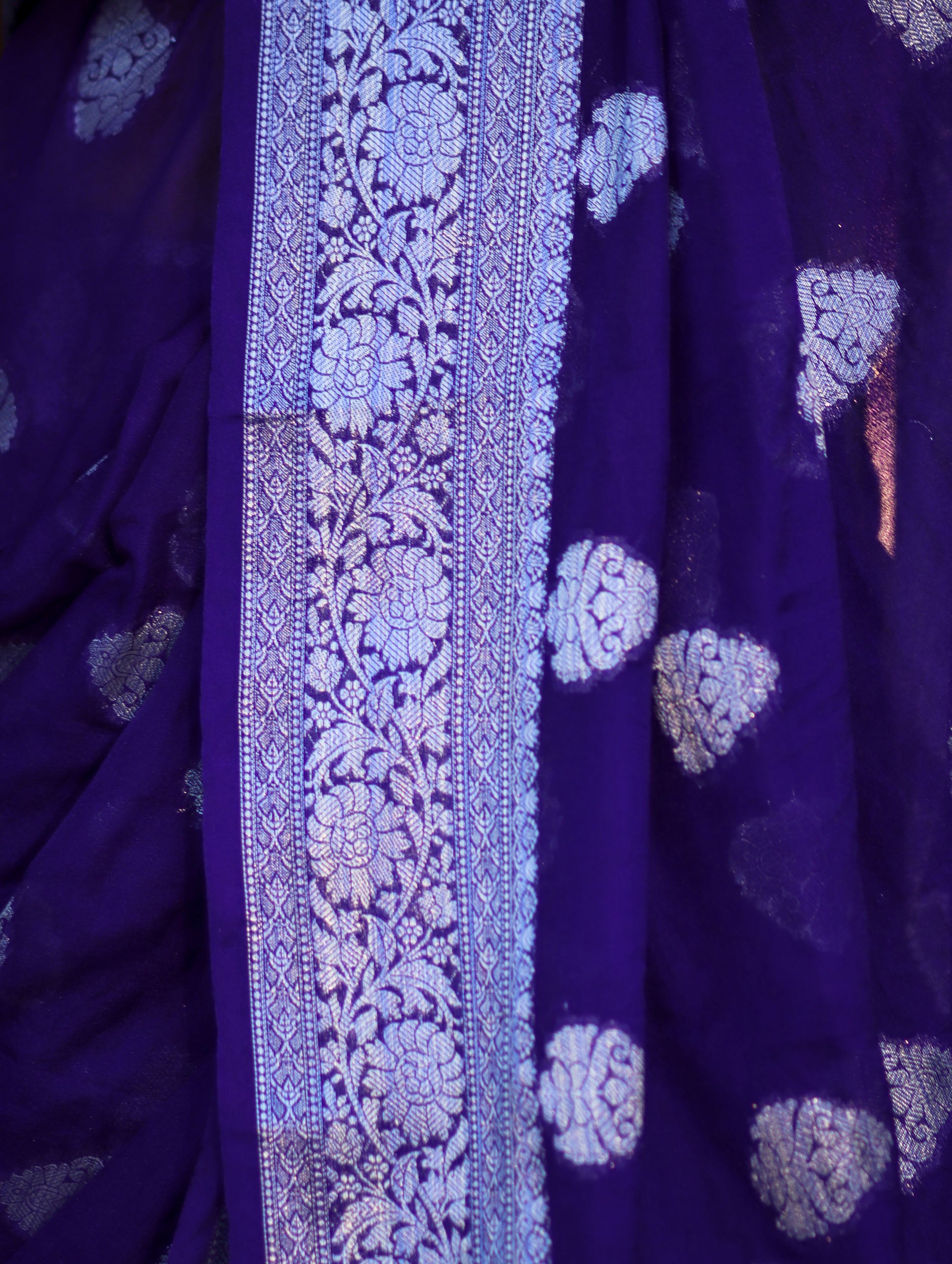 Banarasee Semi Chiffon Saree With Silver Zari Work & Contrast Blouse-Violet