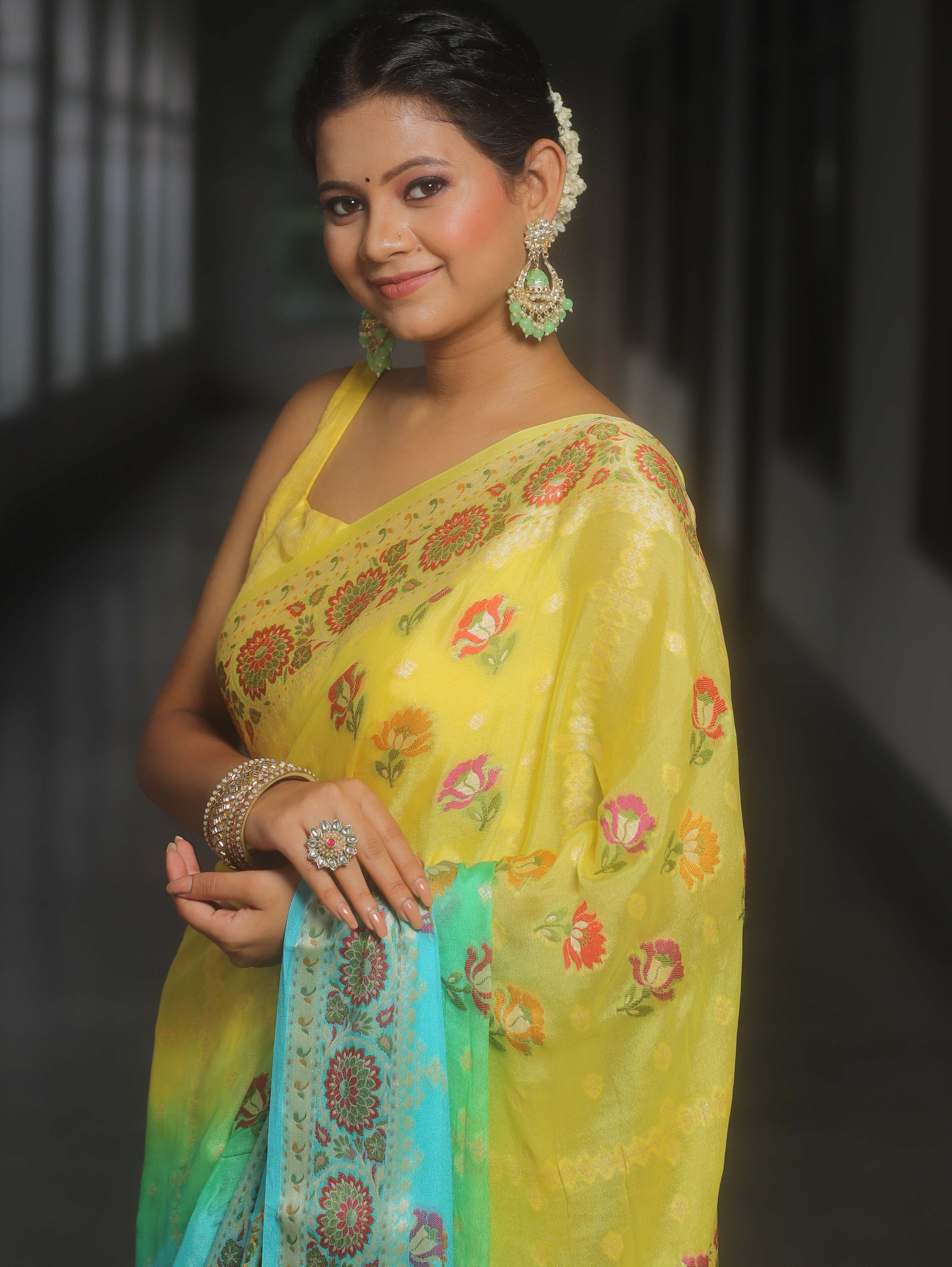 Banarasee Pure Chiffon Saree With Resham Zari Work-Yellow & Blue