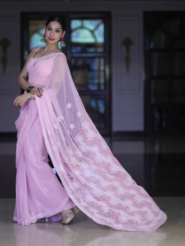 Banarasee Handwoven Georgette Saree With Chikankari Work-Light Pink