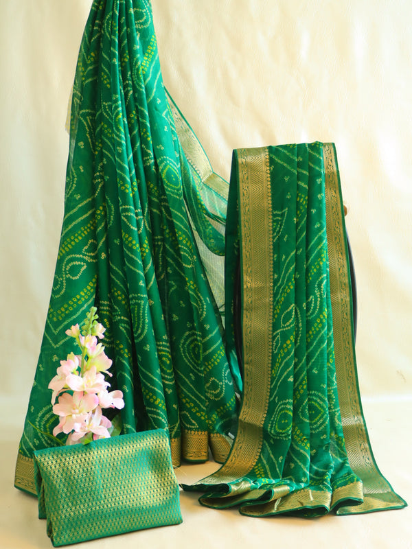 Banarasee Chiffon Bandhani Print Saree With Gold Zari Lace Border-Green