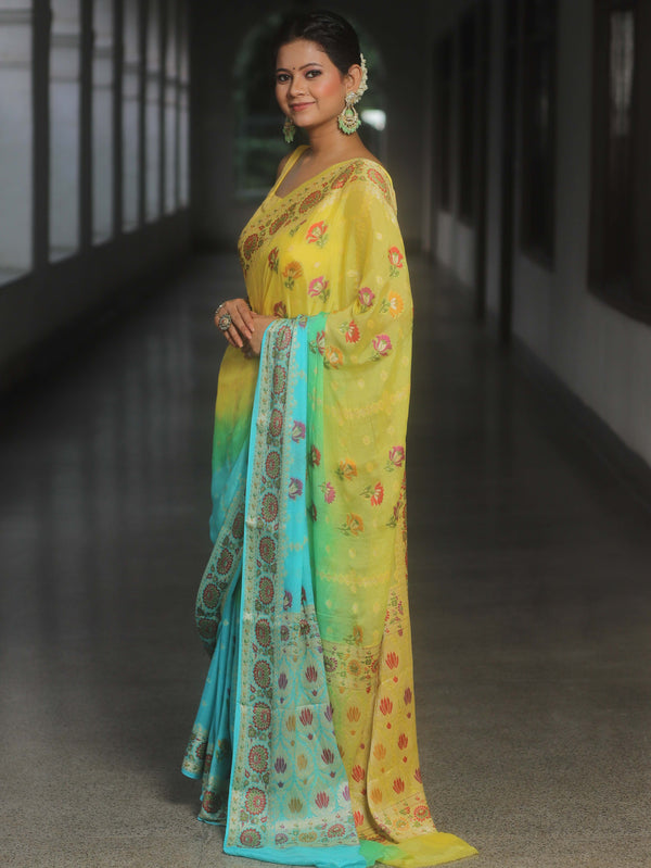 Banarasee Pure Chiffon Saree With Resham Zari Work-Yellow & Blue