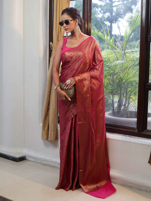 Banarasee Handwoven Semi Silk Saree With Zari Jaal Design & Border-Pink