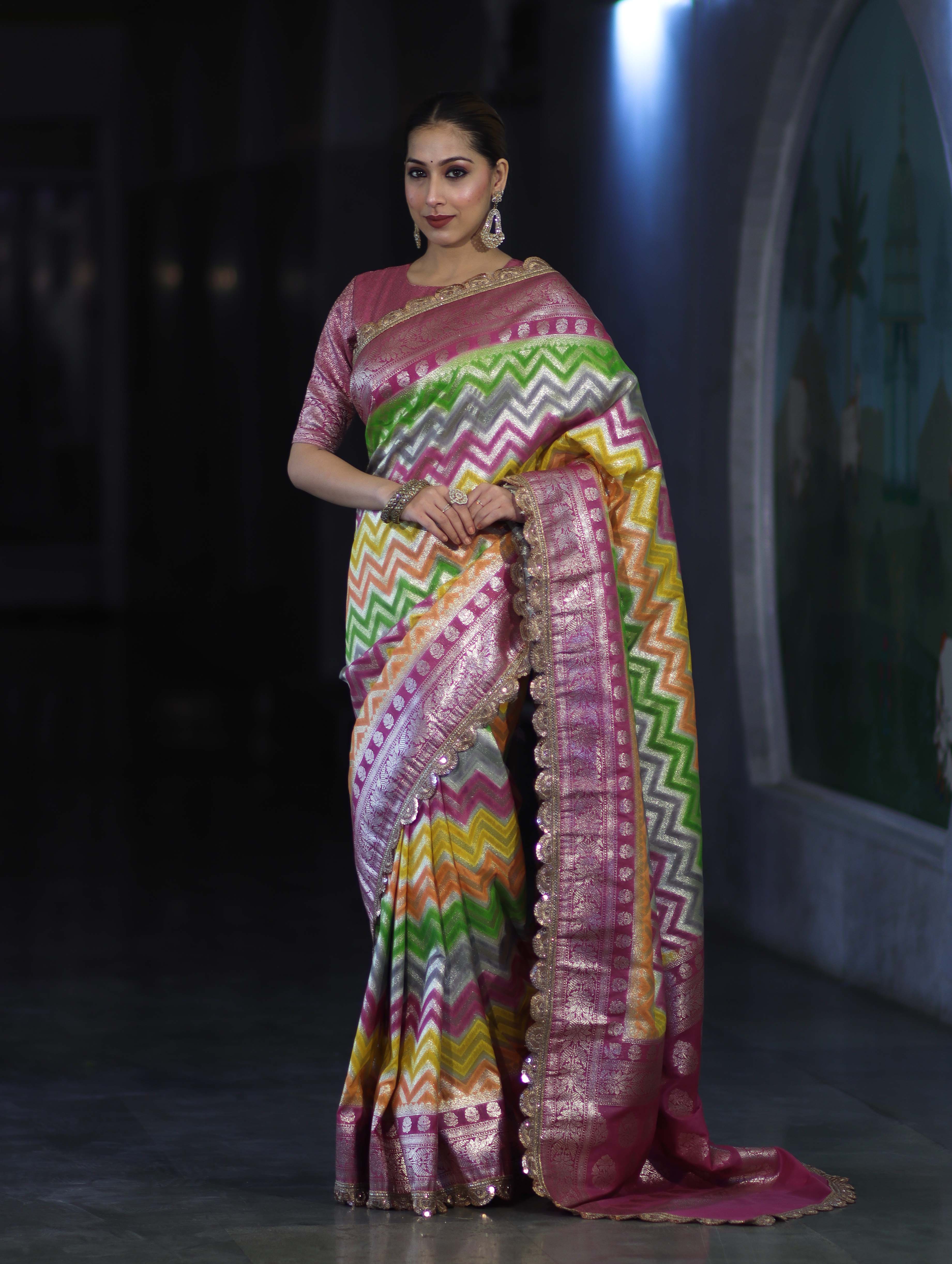 Banarasee Handwoven Faux Georgette Saree With Zigzag Pattern Zari Design Border & Lace-Multicolor