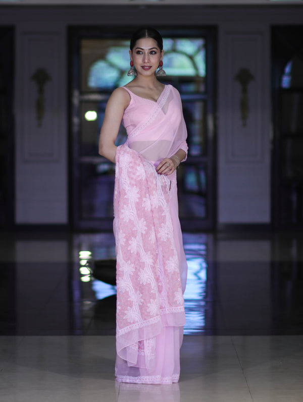 Banarasee Handwoven Georgette Saree With Chikankari Work-Light Pink