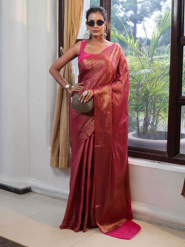 Banarasee Handwoven Semi Silk Saree With Zari Jaal Design & Border-Pink