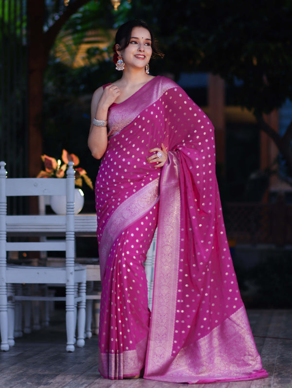 Banarasee Handwoven Chiffon Saree With Polka Dots Design & Border-Magenta