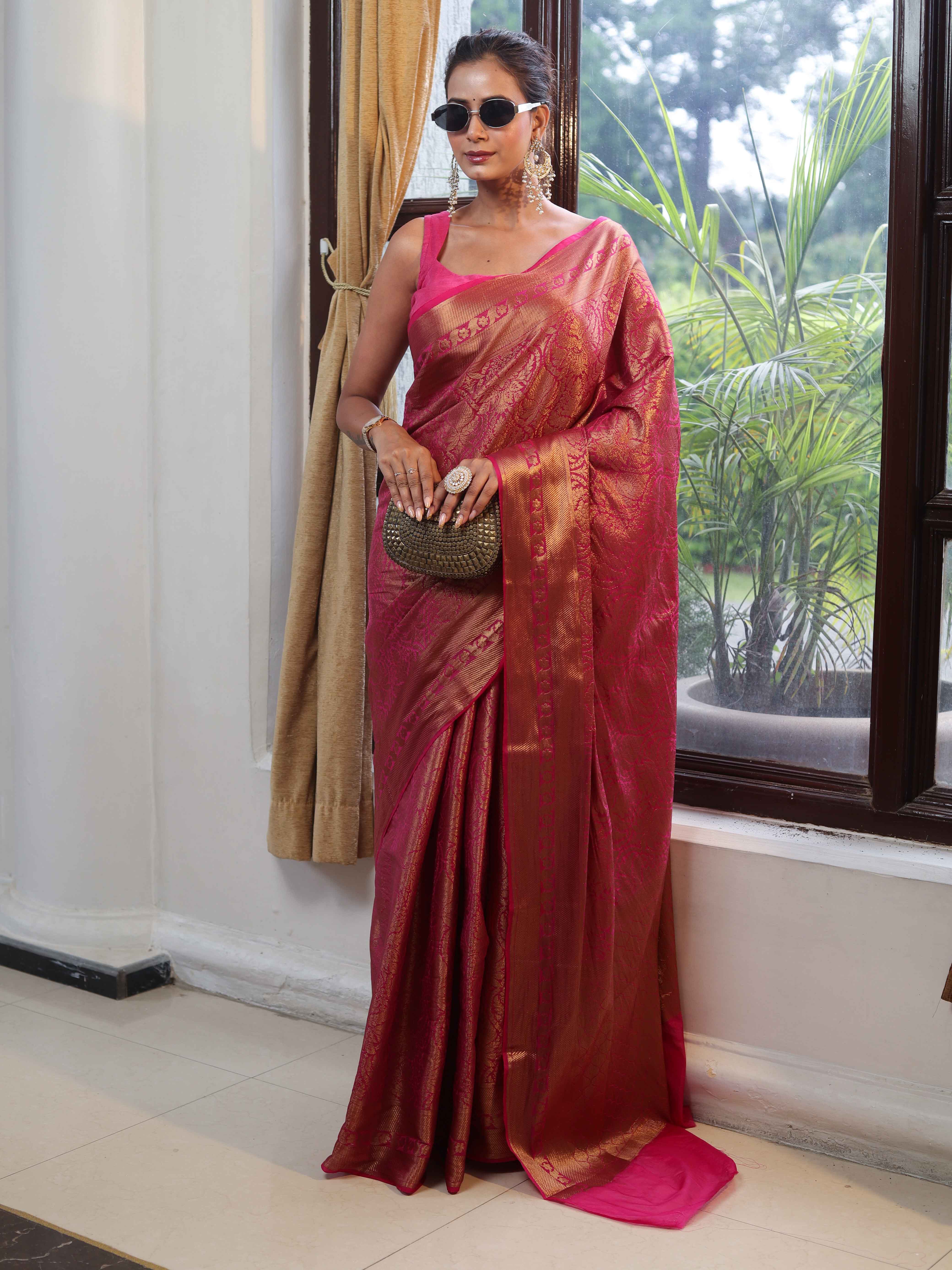 Banarasee Handwoven Semi Silk Saree With Zari Jaal Design & Border-Pink