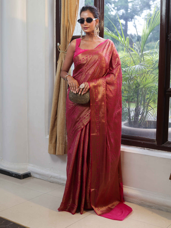 Banarasee Handwoven Semi Silk Saree With Zari Jaal Design & Border-Pink
