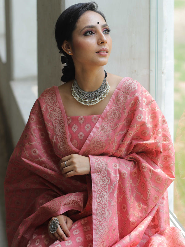 Banarasee Salwar Kameez Cotton Silk Resham Buti Woven Fabric-Peach