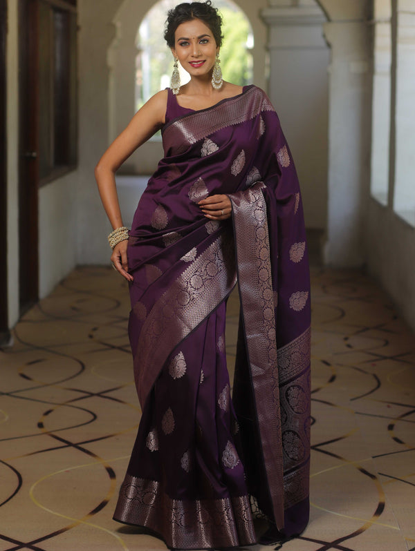 Banarasee Handwoven Semi Silk Saree With Zari Buti Design-Wine