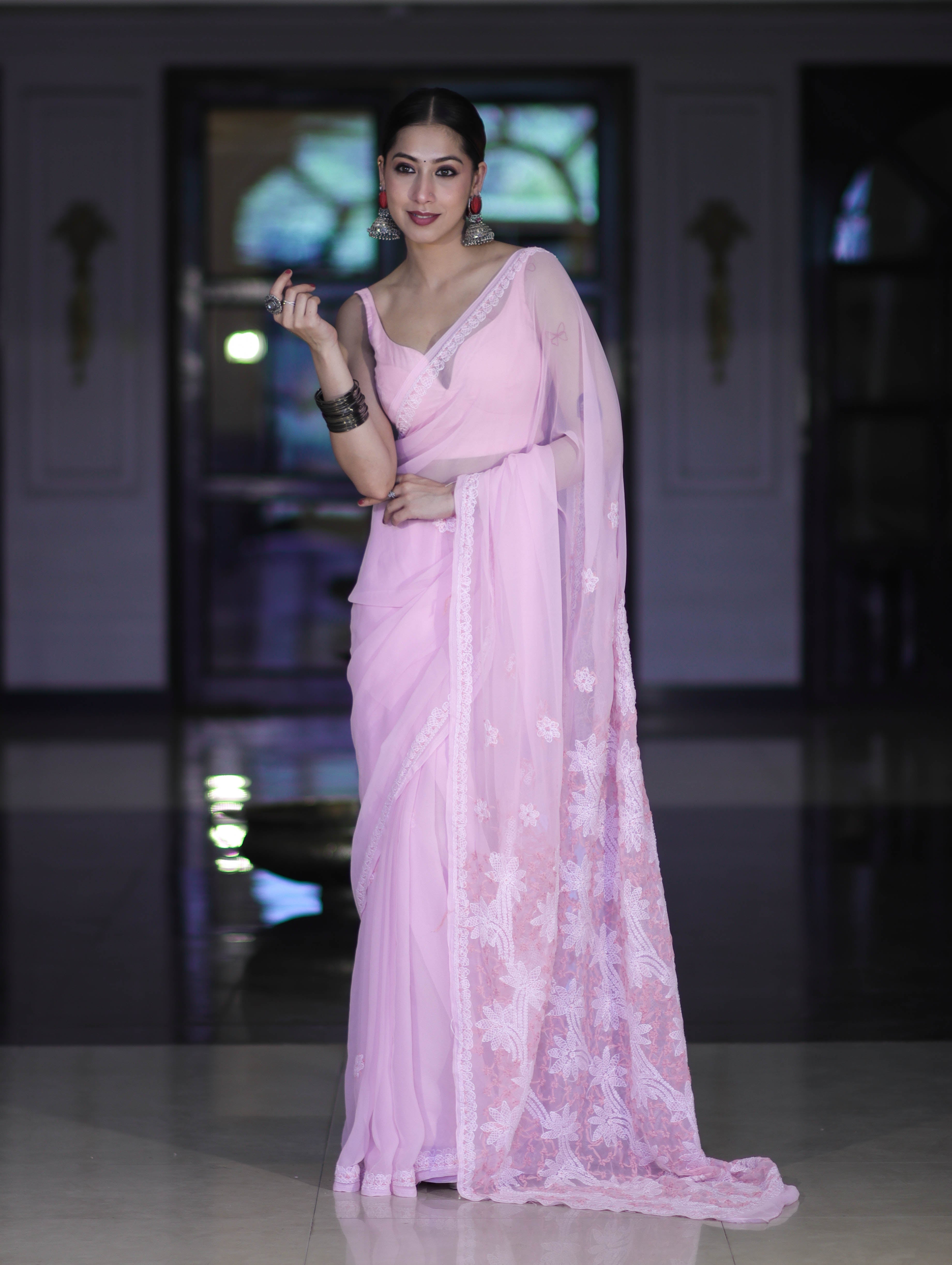 Banarasee Handwoven Georgette Saree With Chikankari Work-Light Pink
