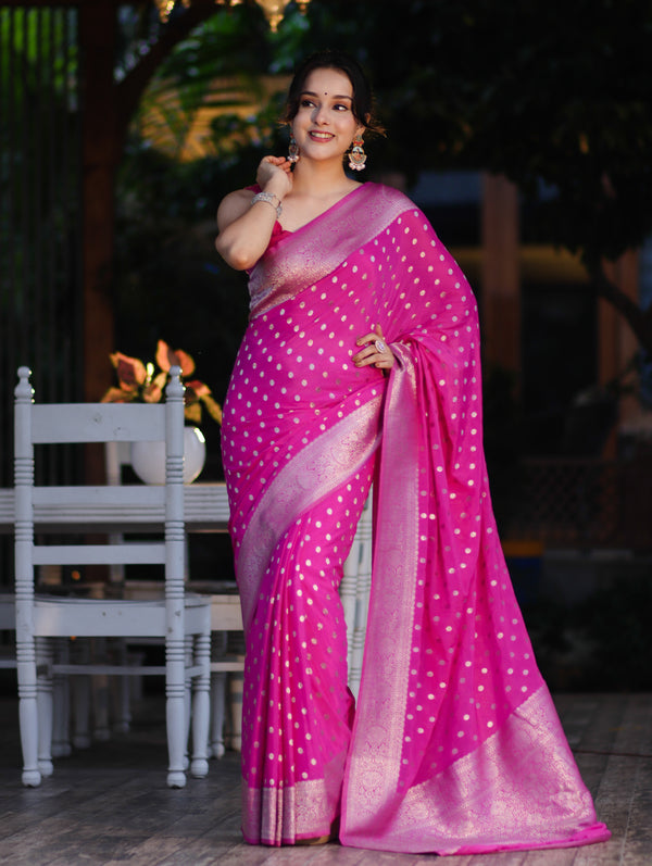Banarasee Handwoven Chiffon Saree With Polka Dots Design & Border-Pink