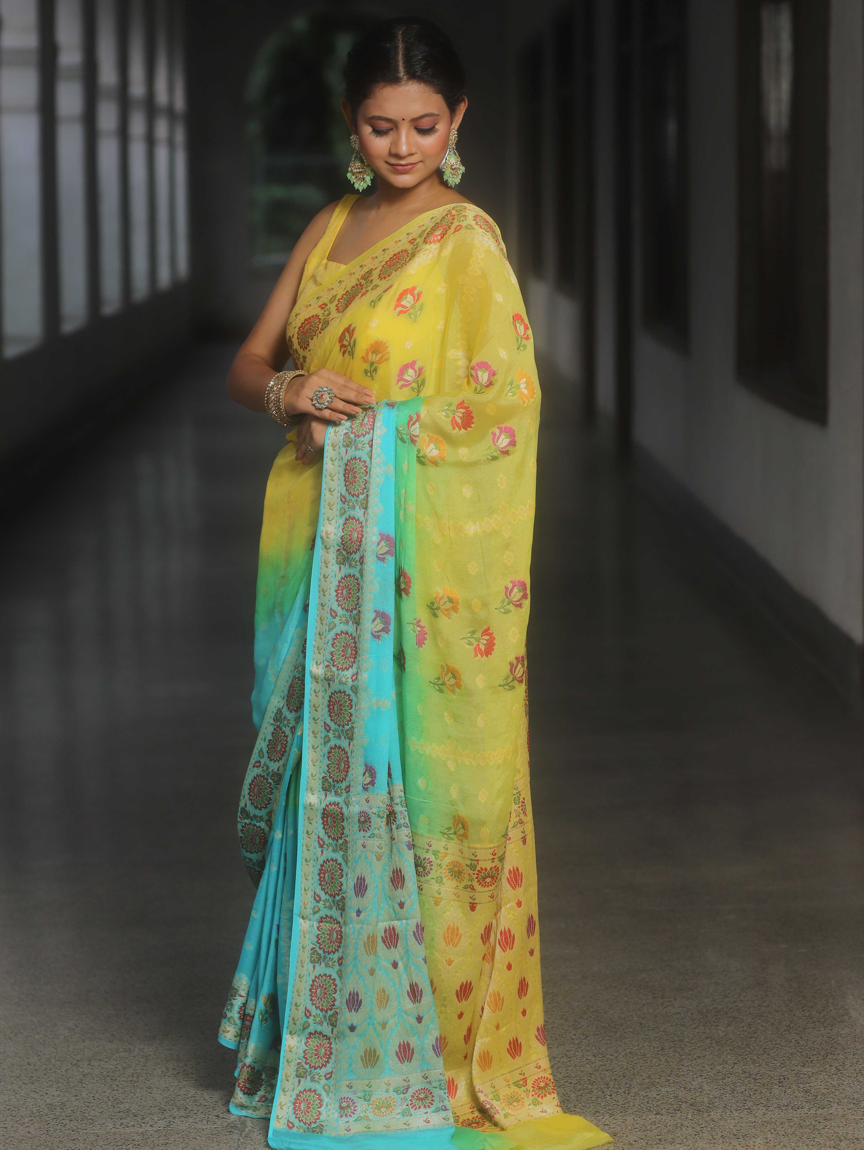 Banarasee Pure Chiffon Saree With Resham Zari Work-Yellow & Blue