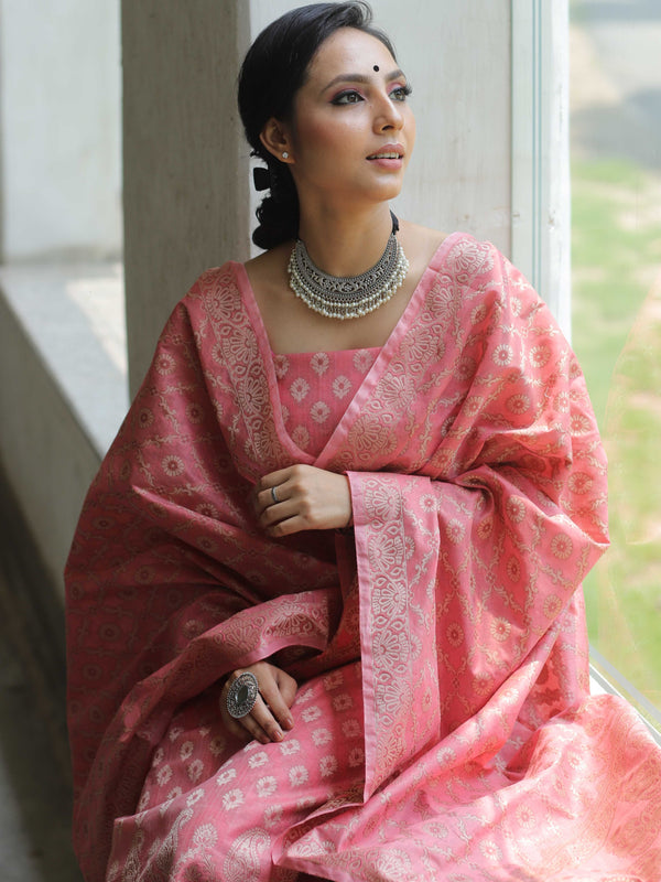 Banarasee Salwar Kameez Cotton Silk Resham Buti Woven Fabric-Peach