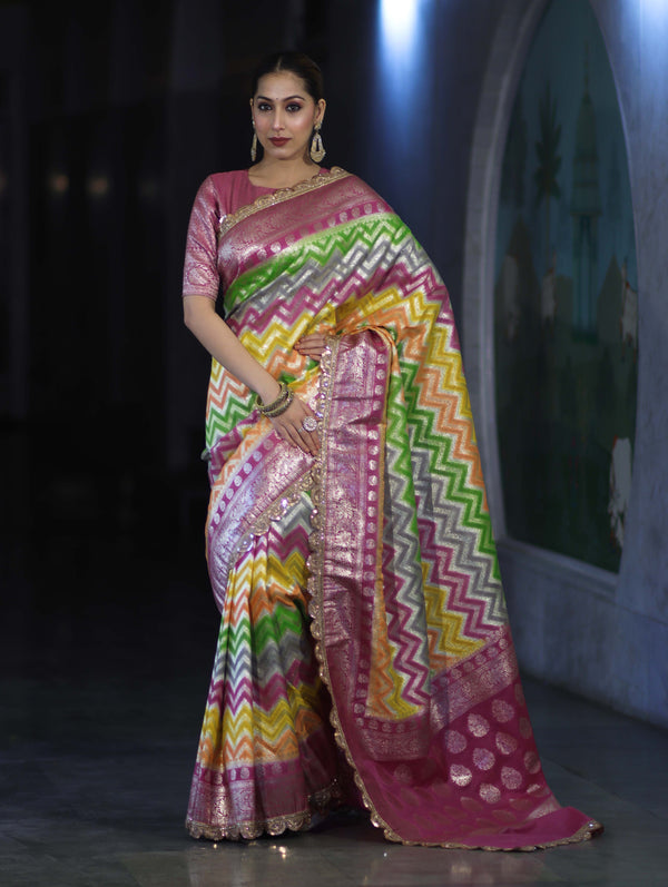 Banarasee Handwoven Faux Georgette Saree With Zigzag Pattern Zari Design Border & Lace-Multicolor