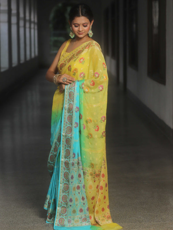 Banarasee Pure Chiffon Saree With Resham Zari Work-Yellow & Blue