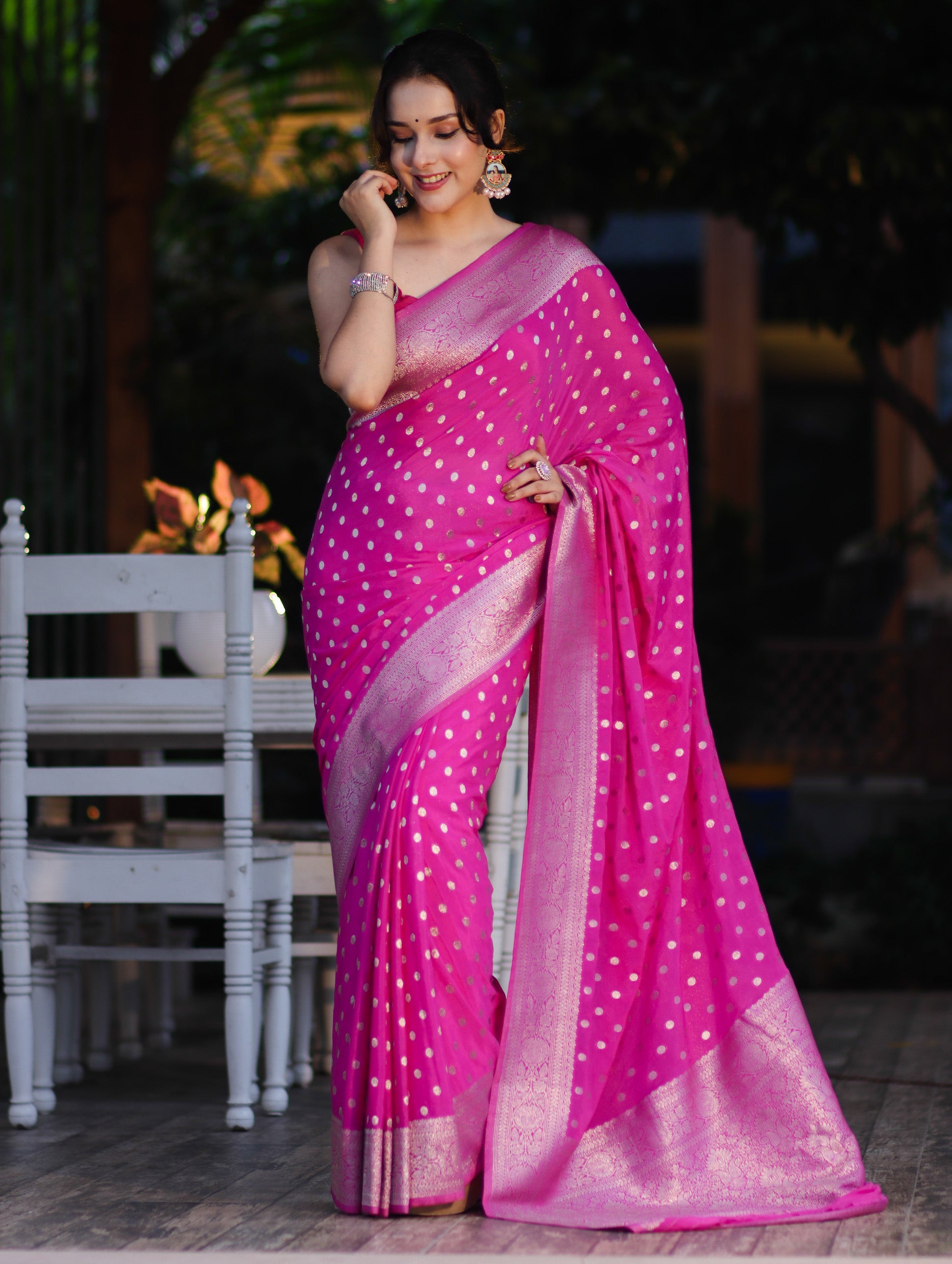 Banarasee Handwoven Chiffon Saree With Polka Dots Design & Border-Pink