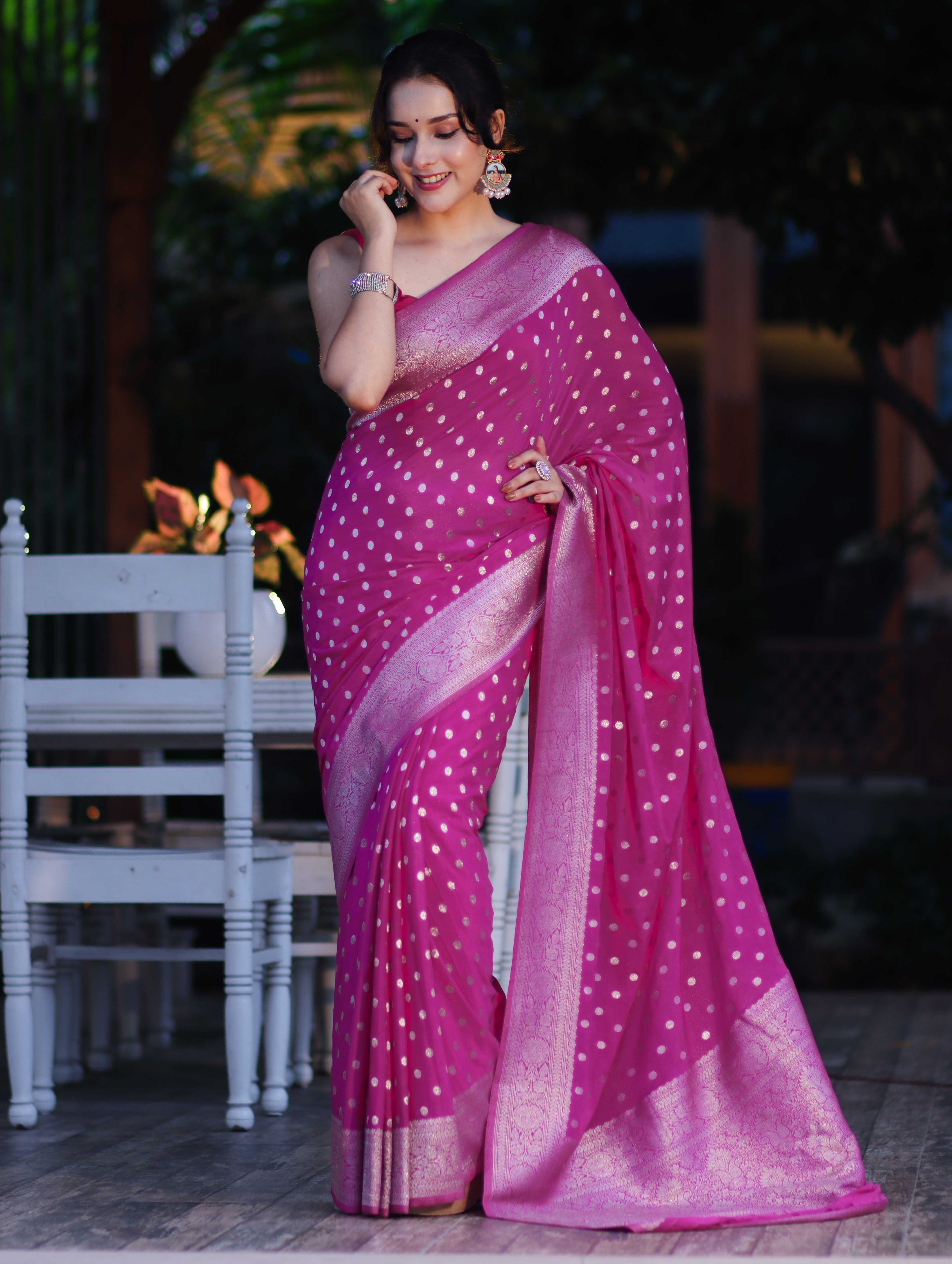 Banarasee Handwoven Chiffon Saree With Polka Dots Design & Border-Magenta