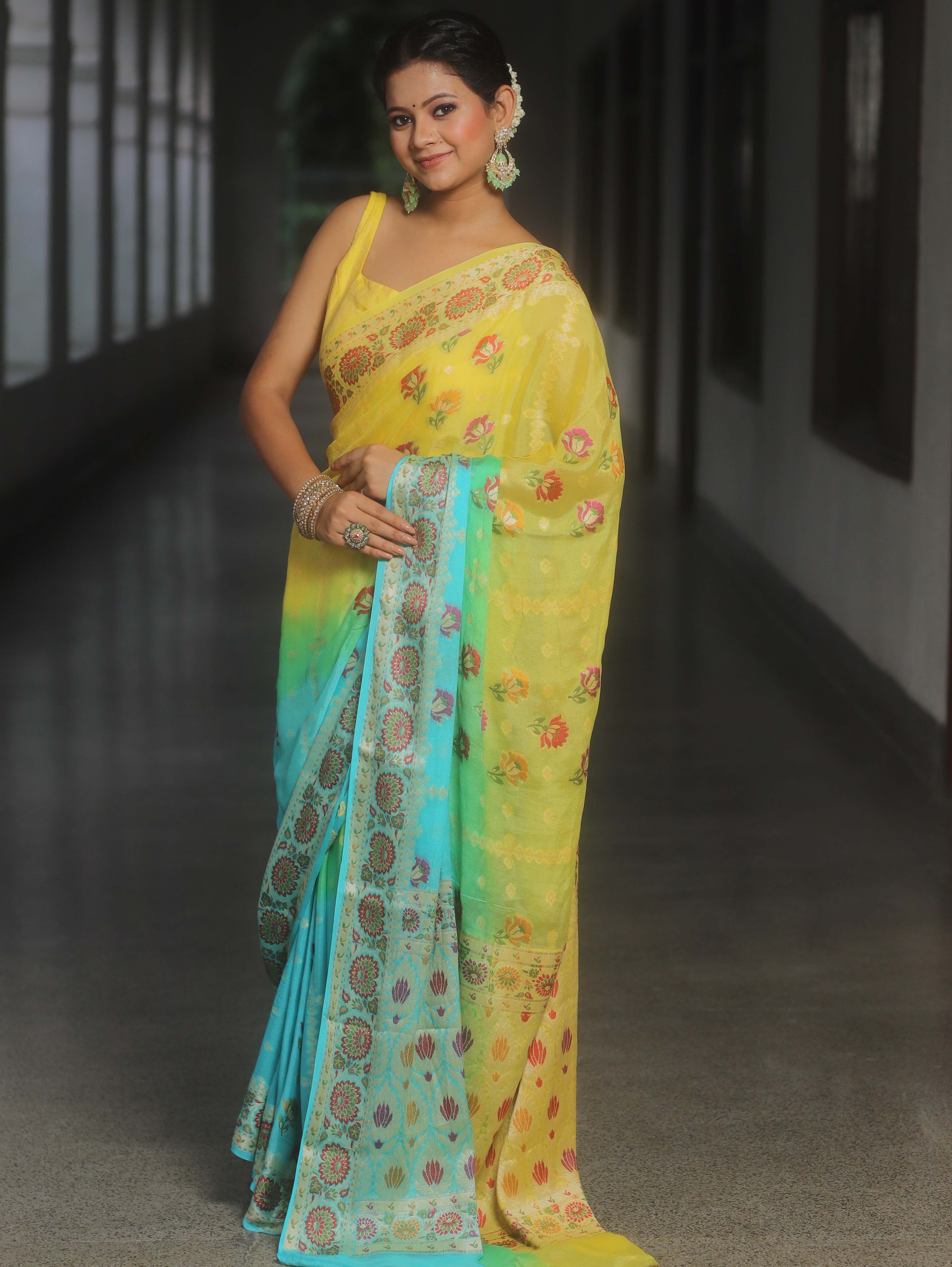 Banarasee Pure Chiffon Saree With Resham Zari Work-Yellow & Blue