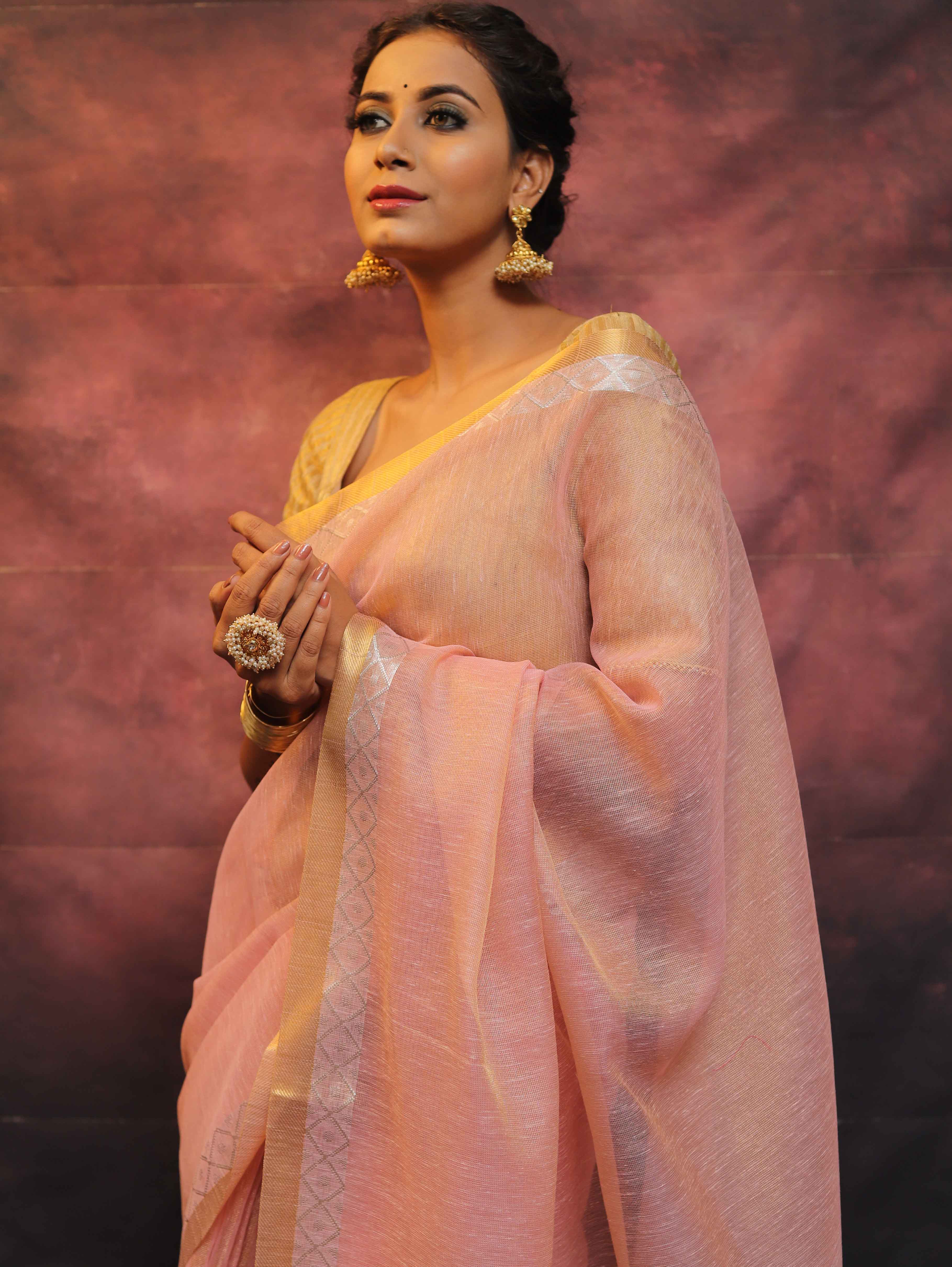 Banarasee Linen Tissue Sona Rupa Zari Work Saree-Pink