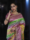 Banarasee Handwoven Faux Georgette Saree With Zigzag Pattern Zari Design Border & Lace-Multicolor