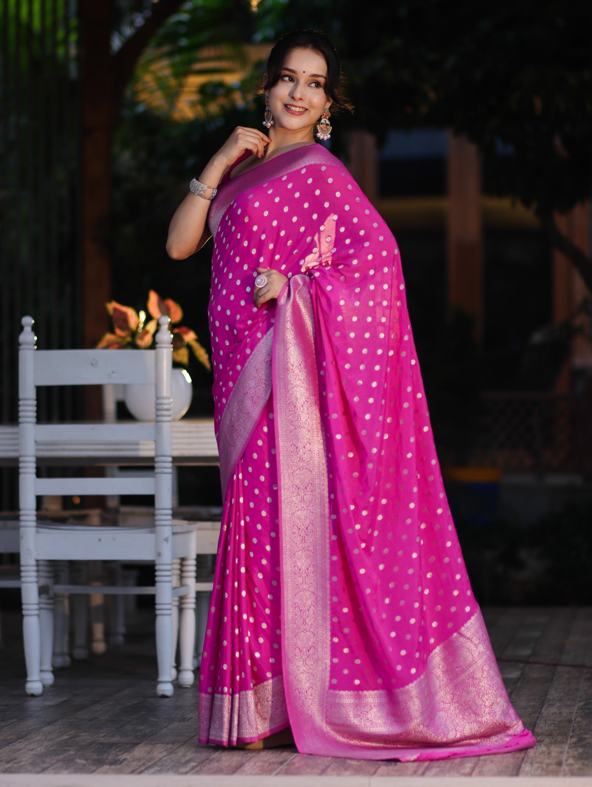 Banarasee Handwoven Chiffon Saree With Polka Dots Design & Border-Pink