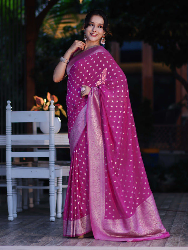 Banarasee Handwoven Chiffon Saree With Polka Dots Design & Border-Magenta