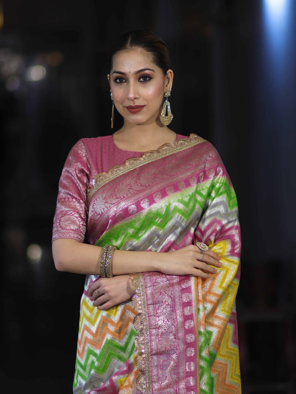 Banarasee Handwoven Faux Georgette Saree With Zigzag Pattern Zari Design Border & Lace-Multicolor