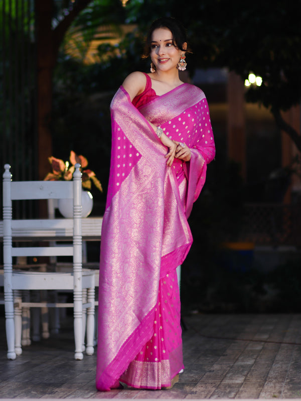 Banarasee Handwoven Chiffon Saree With Polka Dots Design & Border-Pink