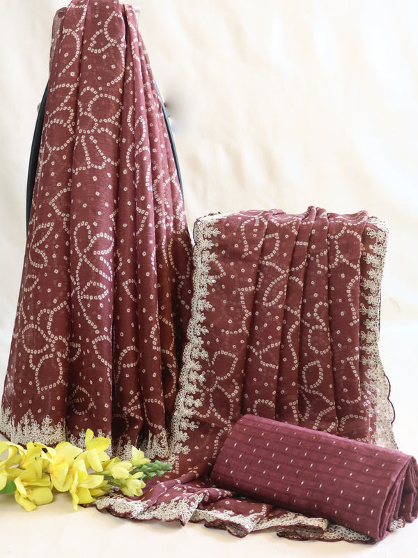 Banarasee Chiffon Bandhani Print Saree With Hand Work-Brown