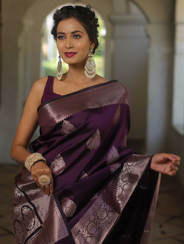 Banarasee Handwoven Semi Silk Saree With Zari Buti Design-Wine