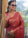 Banarasee Handwoven Semi Silk Saree With Zari Jaal Design & Border-Pink