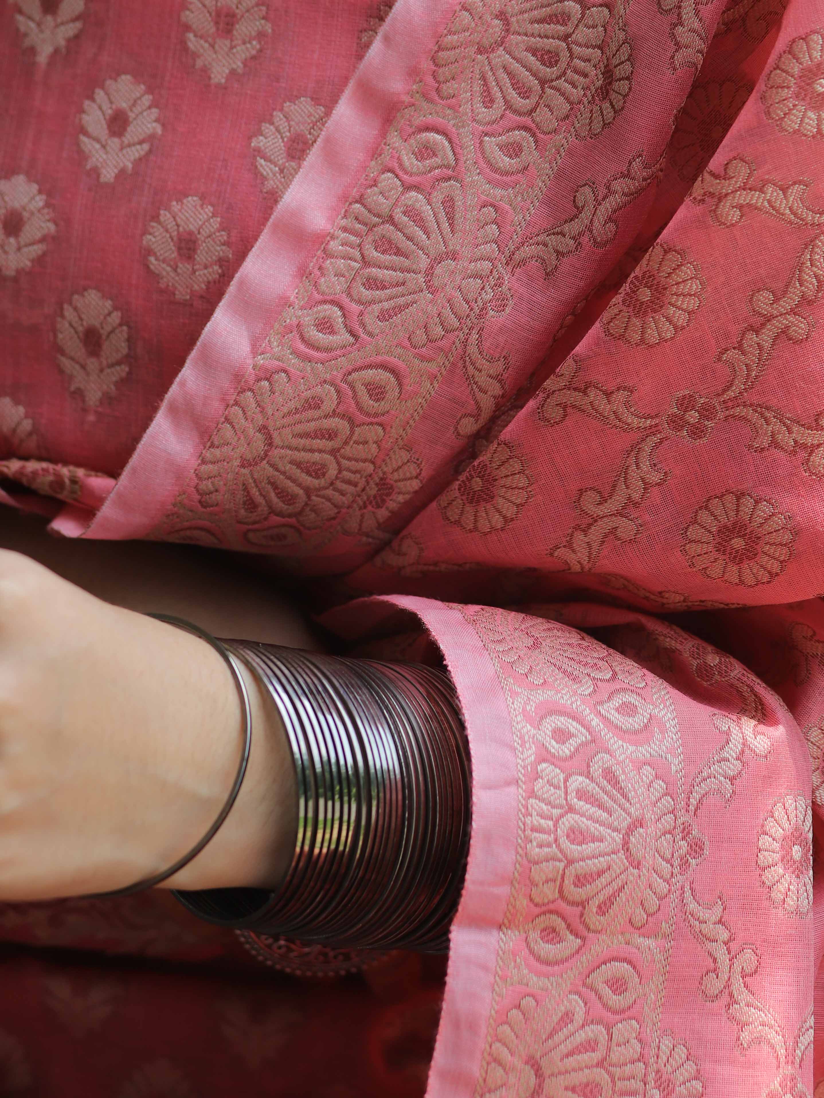 Banarasee Salwar Kameez Cotton Silk Resham Buti Woven Fabric-Peach