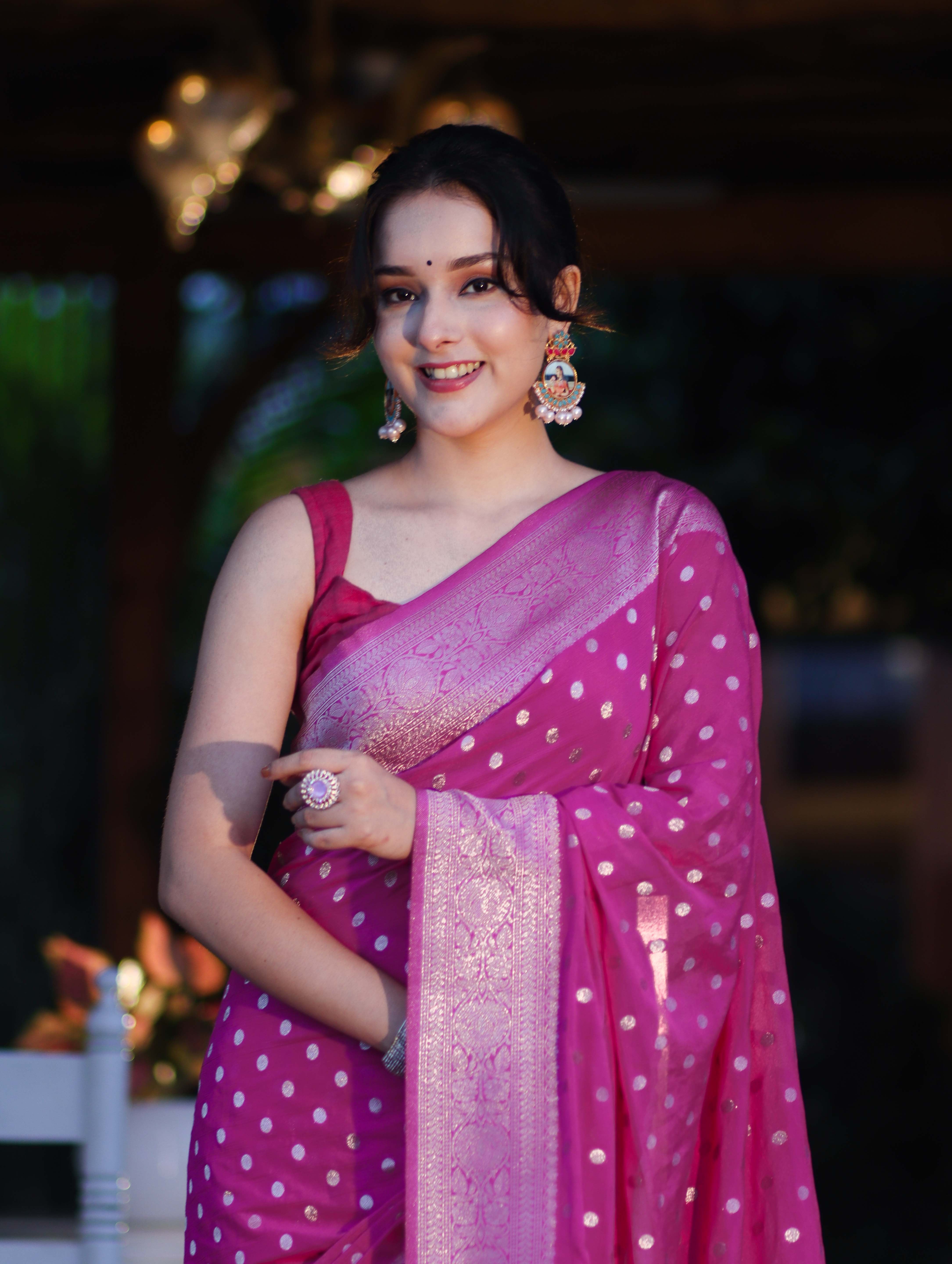 Banarasee Handwoven Chiffon Saree With Polka Dots Design & Border-Magenta
