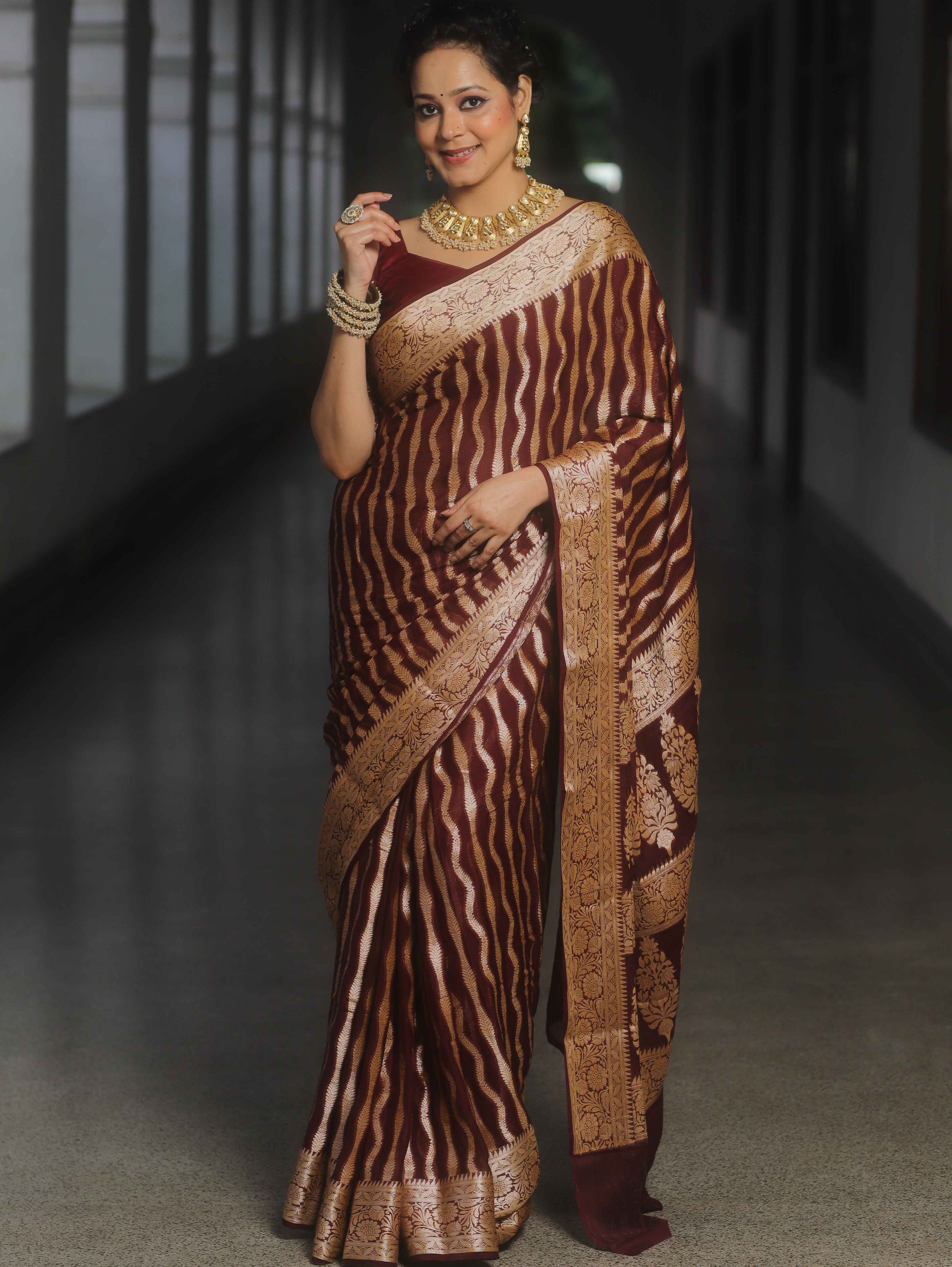 Banarasee Pure Chiffon Saree Zari Jaal Design-Maroon