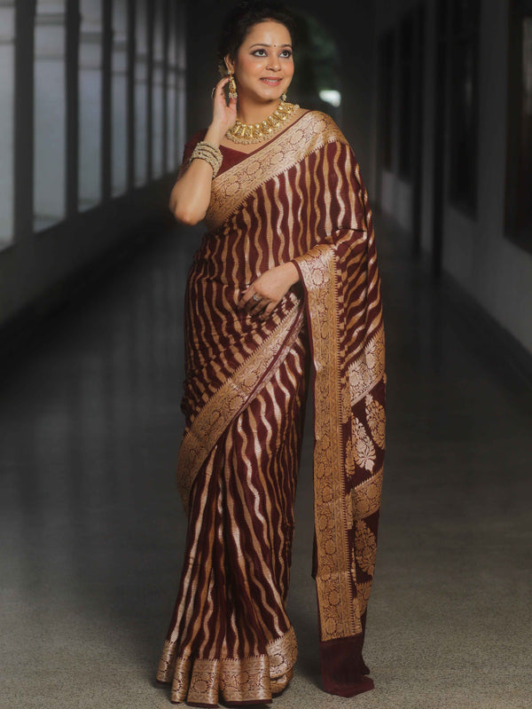 Banarasee Pure Chiffon Saree Zari Jaal Design-Maroon