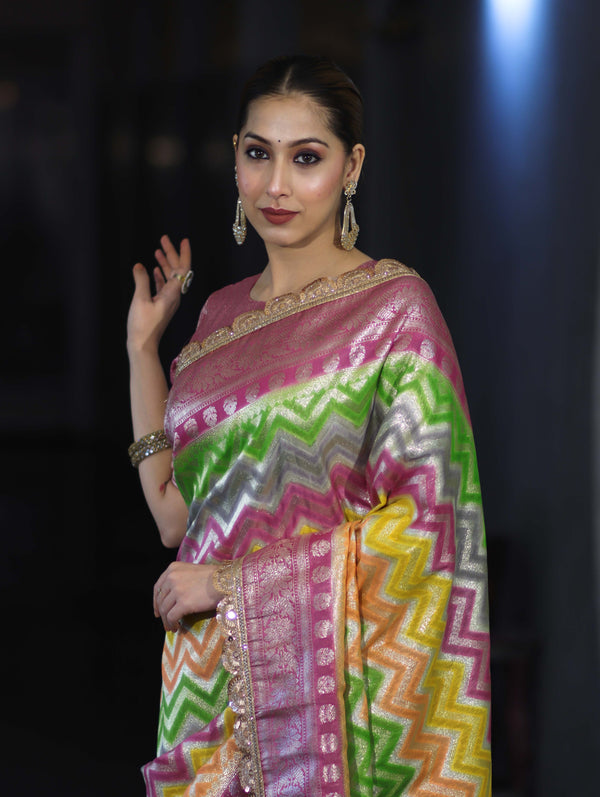 Banarasee Handwoven Faux Georgette Saree With Zigzag Pattern Zari Design Border & Lace-Multicolor